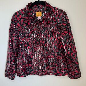 Ruby Rd. Jacket Black Red Gray Shiny Detail Button Front Office Pocket Women's 8